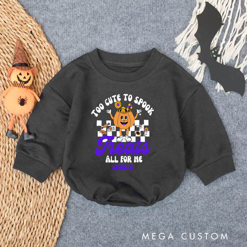 Personalized Too Cute to Spook Treats All for Me Baby Bodysuit with Pumpkin Character Design