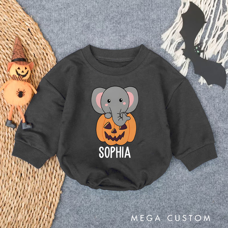 Personalized Elephant In Pumpkin Cute Elephant Happy Halloween Baby Bodysuit