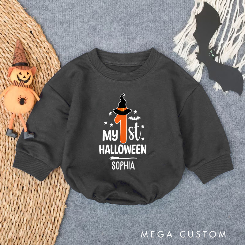 Personalized My First Halloween Baby Bodysuit with Witch Hat and Stars for Baby’s Special Celebration