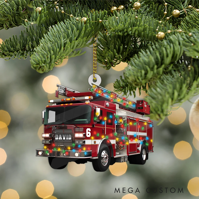 Personalized Fire Truck Christmas Acrylic Ornament with Festive Lights Design Gift for Firefighters