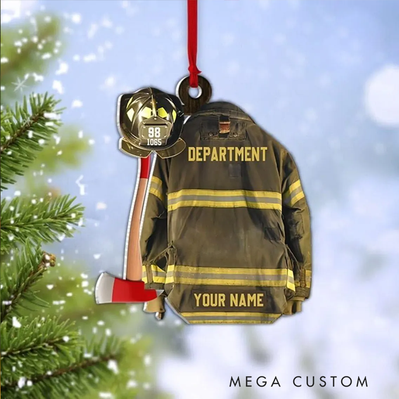 Personalized Firefighter Jacket and Axe Christmas Acrylic Ornament Gift for Firefighters
