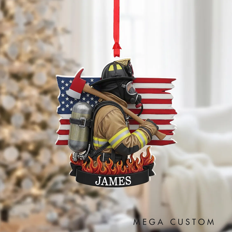 Personalized Firefighter with Axe and American Flag Christmas Acrylic Ornament Gift for Firefighters