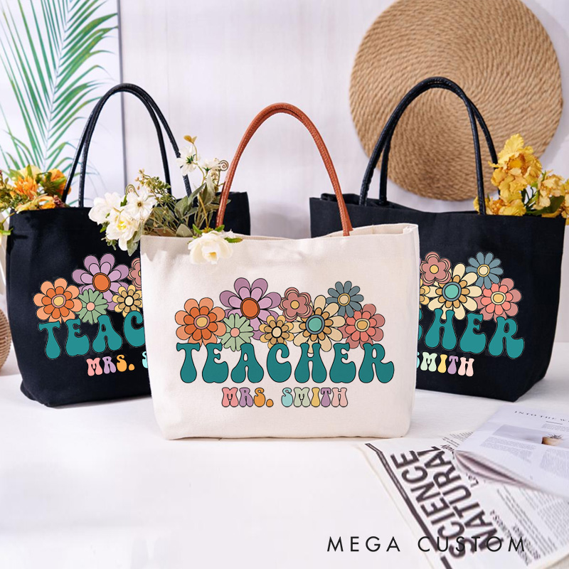 Personalized Teacher Canvas Tote Bag Flower Teacher Design Appreciation Gift for Teachers