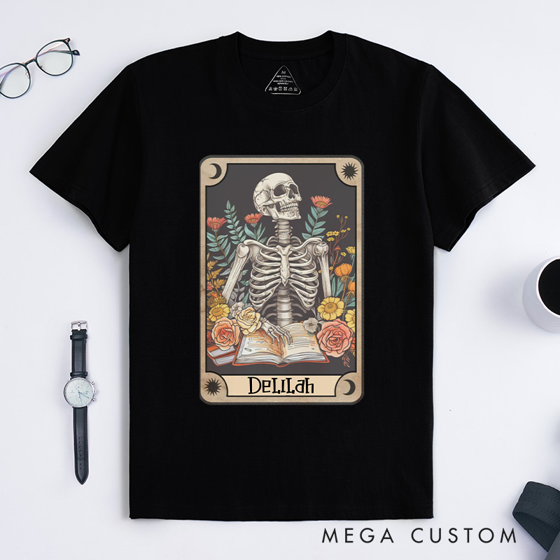 Personalized The Reader Tarot Card Classic T-Shirts Skeleton Reading Shirt Unisex Tarot Card Shirt Book Lover Gift Bookish Gift