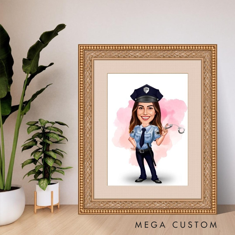 Personalized Police Officer Cartoon Portrait From Photo Custom Law Enforcement Caricature Wall Art