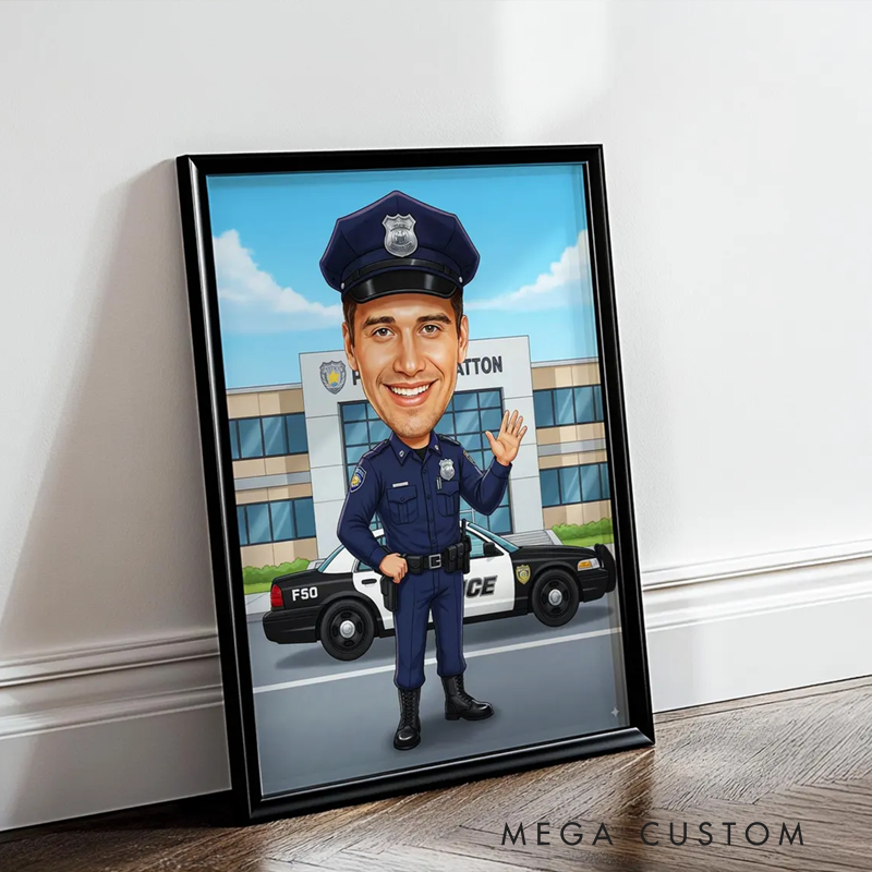 Personalized Police Officer Cartoon Portrait From Photo Custom Law Enforcement Caricature Wall Art Gift