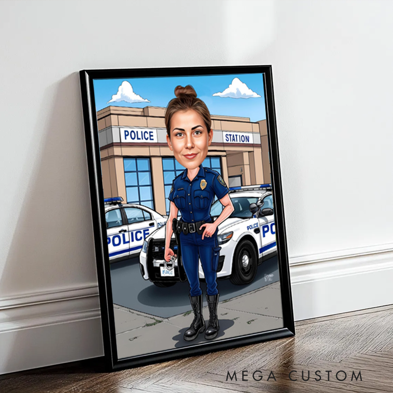 Personalized Female Police Officer Cartoon Portrait From Photo Custom Law Enforcement Caricature Wall Art Gift