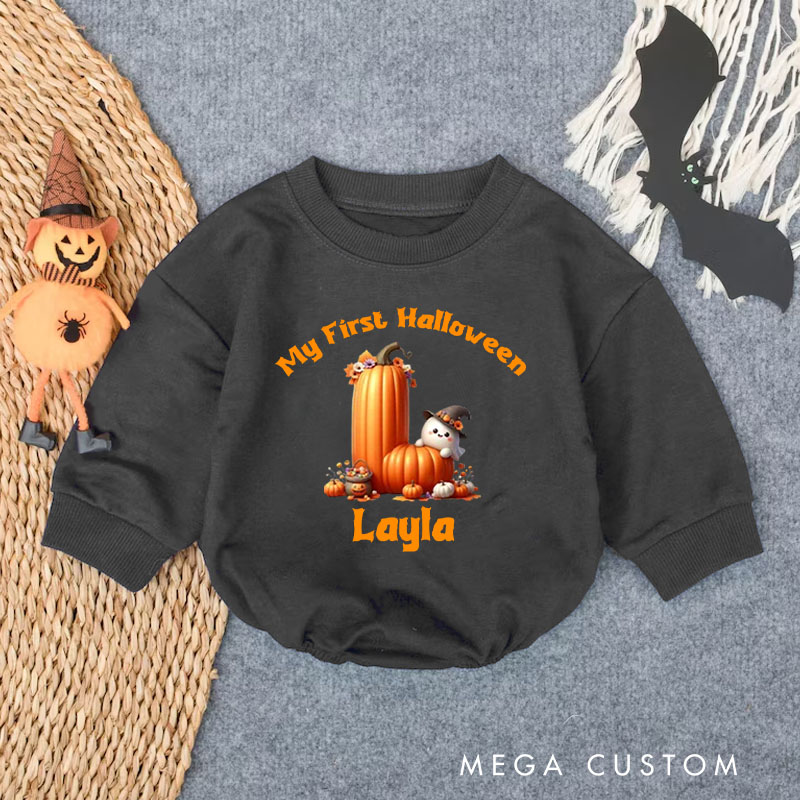 Personalized My First Halloween Baby Bodysuit with Pumpkin and Ghost Design Featuring Name for Festive Memories