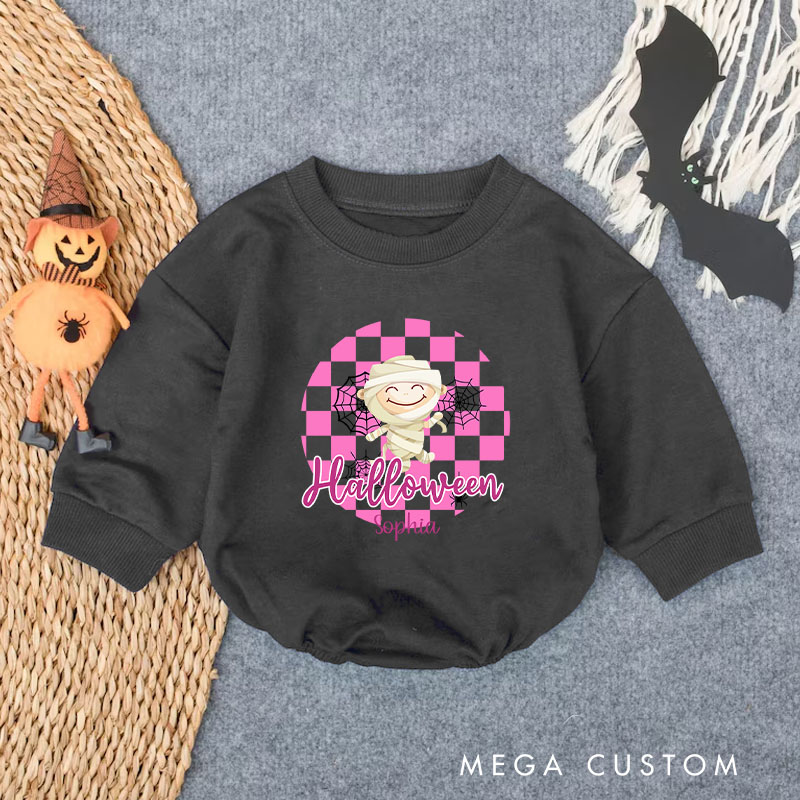 Personalized Halloween Monster Baby Bodysuit with Checkered Background for a Spooky and Cute Celebration