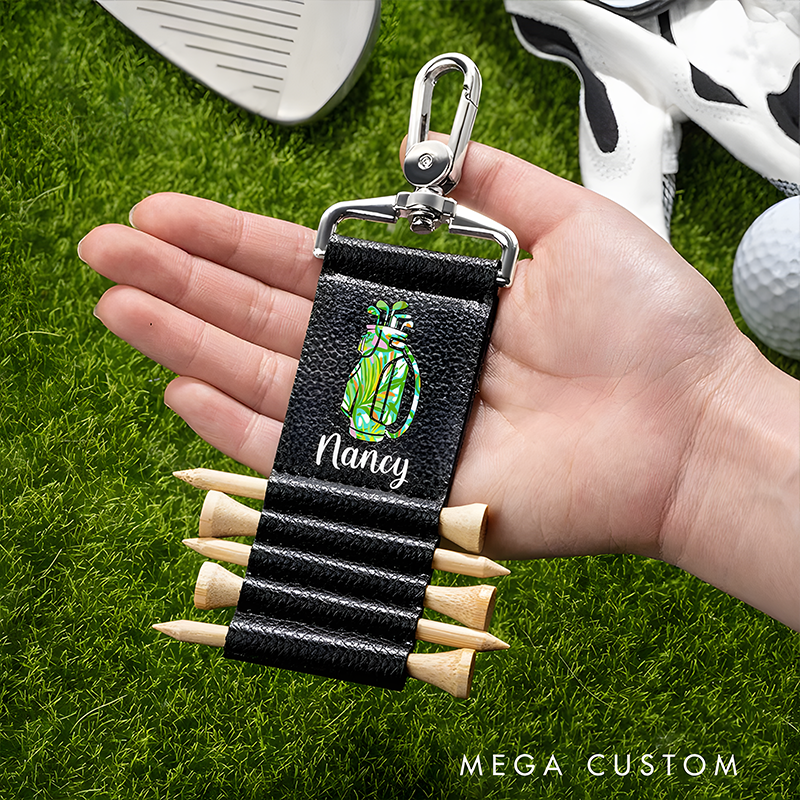 Personalized Golf Tee Holder Keychain with Custom Name and Colorful Golf Bag Design