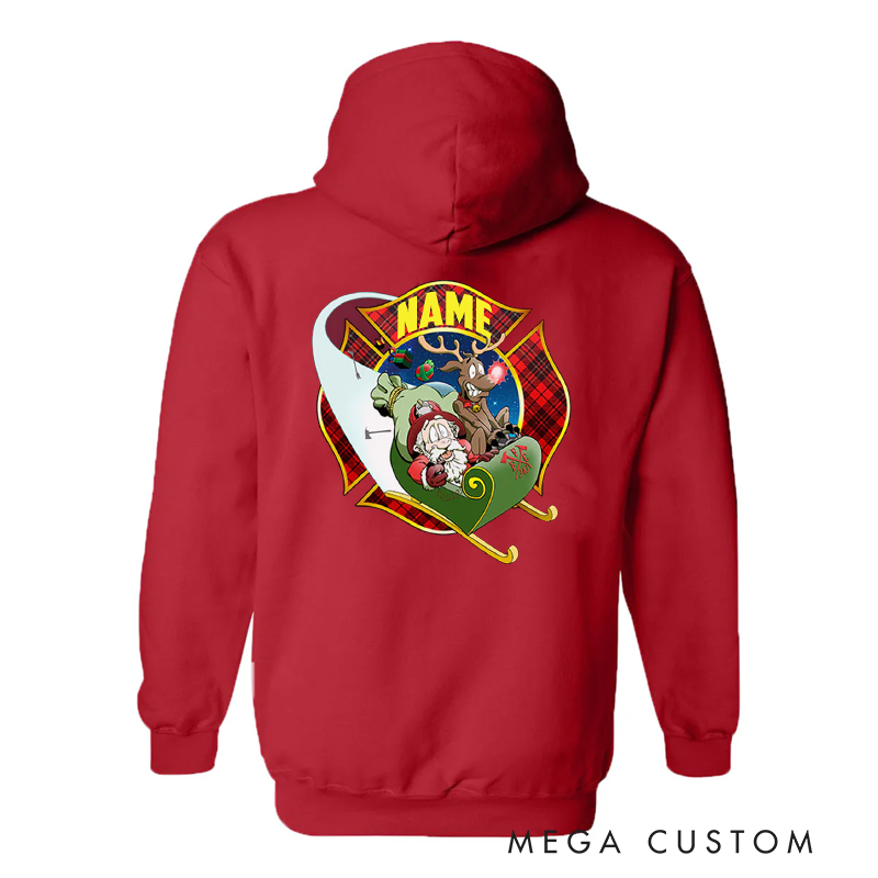 Personalized Firefighter Christmas Hoodie Custom Name Festive Shield Design Gift for Christmas Holiday 