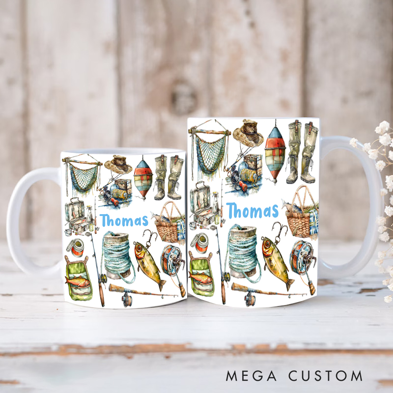 Personalized Fishing Mug Fishing Gear Design Custom Name Perfect Gift for Fishing Lovers Durable Ceramic Coffee Cup for Daily Use