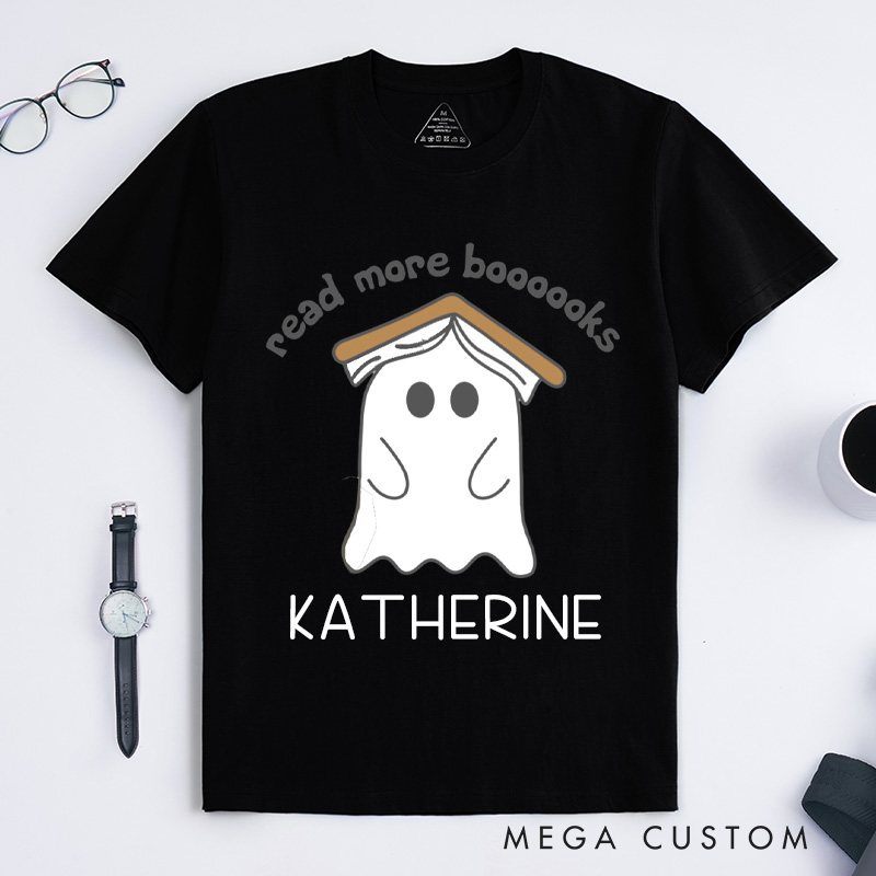 Personalized Ghost Book Classic T-Shirts Fall Spooky Season Tshirt Book Lover Shirt Cute Reading Ghost Shirt Halloween Gift Librarian Gift