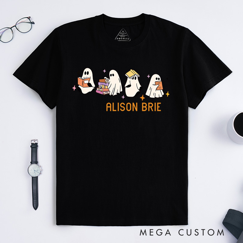 Personalized Ghosts Reading Books Classic T-Shirts Reading Fans Tee Cute Little Ghost Shirt Spooky Season Shirt Book Shirt Customized Name Shirt Gift for Books Lover
