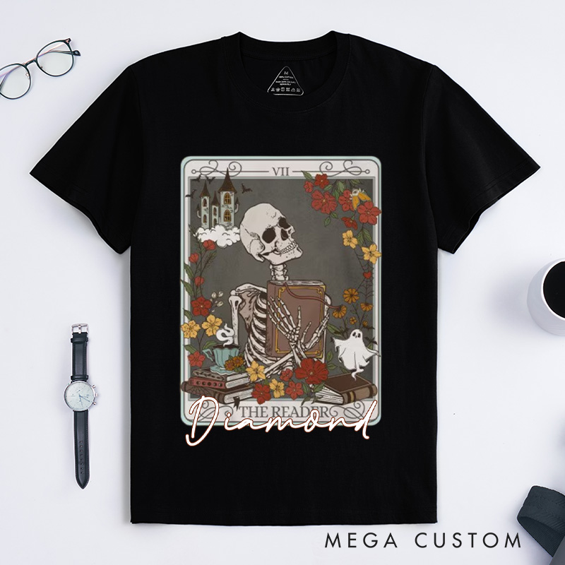 Personalized the Reader Tarot Card Crewneck Classic T-Shirts Skeleton Shirt Book Lover Shirt Bookish Shirt Librarian Shirt Reading Shirt