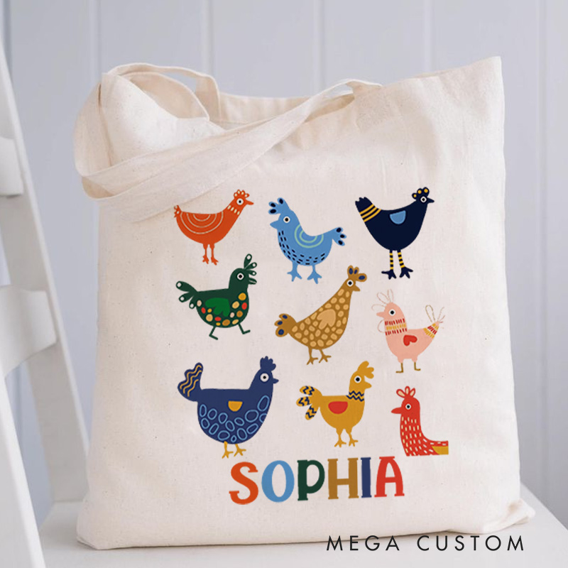 Personalised Colorful Chickens Tote Bag with Name Cute Animal Tote Gift for Kids