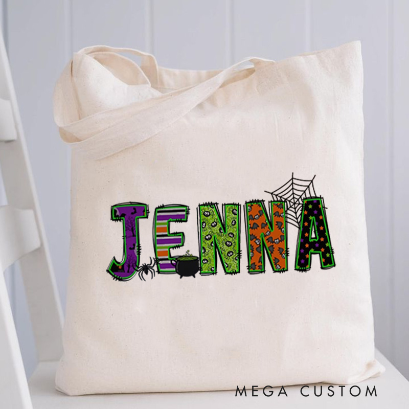Personalized Halloween Canvas Tote Bag Kids Trick-Or-Treat Bag School Halloween Kids Gift Toddler Goodie Food Bag 