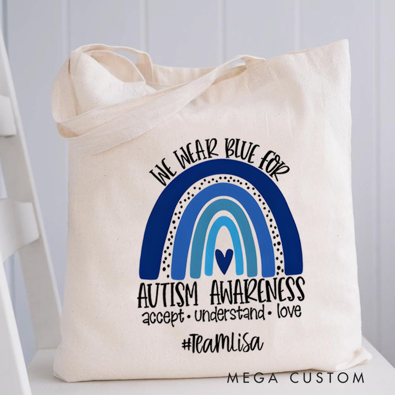 Personalized Autism Awareness Rainbow Illustration Featuring Acceptance and Love Message for Advocacy Tote Bag