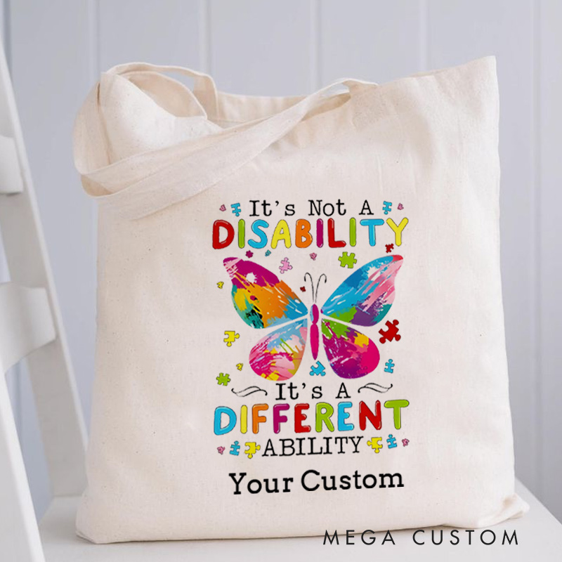 Personalized Butterfly and Autism Awareness Message Illustration Highlighting Different Abilities for Advocacy Tote Bag