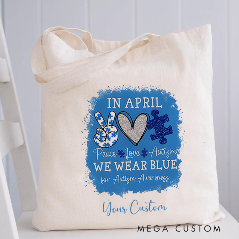 Personalized Wear Blue for Autism Awareness Illustration with Heart and Puzzle Accents for Advocacy Tote Bag