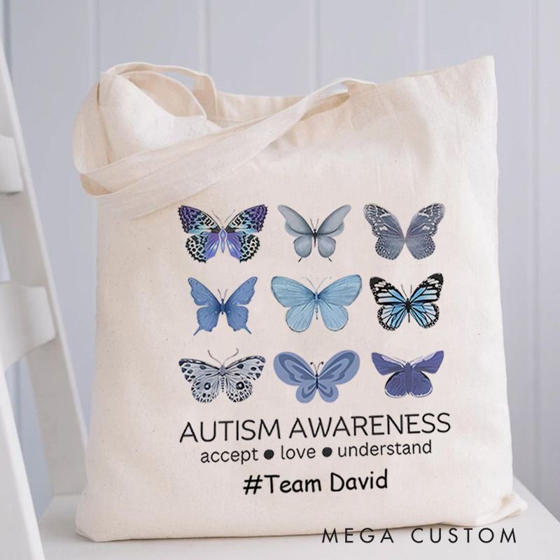 Personalized Butterfly Illustration Representing Autism Awareness with Acceptance and Love Message for Advocacy Tote Bag