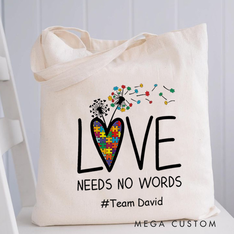 Personalized Love Needs No Words Illustration Featuring Autism Awareness Message for Advocacy Tote Bag