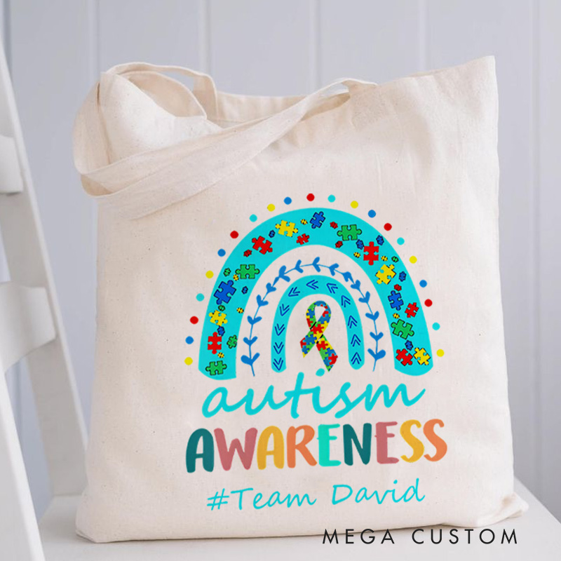 Personalized Autism Awareness Rainbow Illustration Featuring Puzzle and Heart Accents for Advocacy Tote Bag