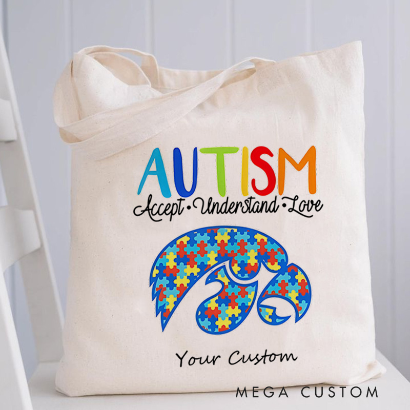 Personalized Autism Awareness Illustration with Puzzle Piece and Acceptance Message for Advocacy Tote Bag