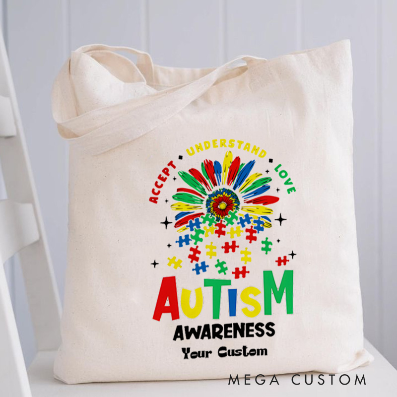 Personalized Autism Awareness Illustration with Colorful Flower and Acceptance Message for Advocacy Tote Bag
