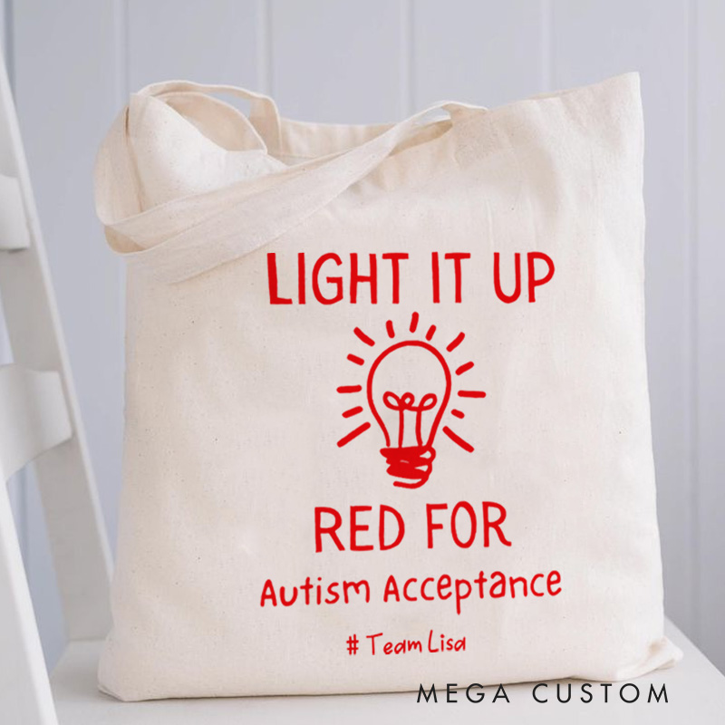 Personalized Light It Up Red for Autism Acceptance Illustration Featuring Bulb Icon for Advocacy Tote Bag