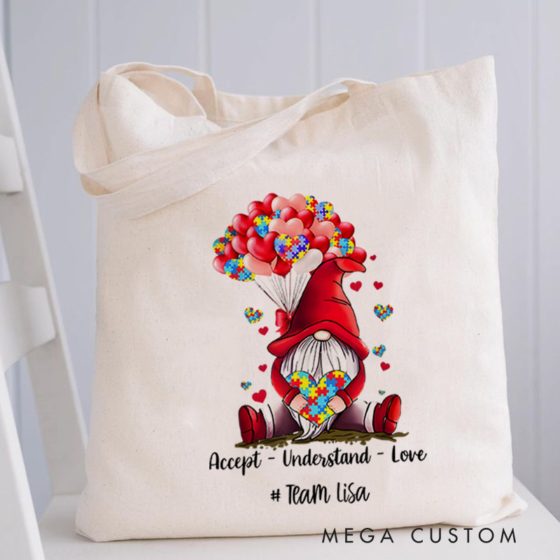 Personalized Gnome Illustration Featuring Autism Awareness Message and Heart Accents for Advocacy Tote Bag