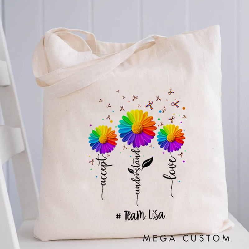 Personalized Colorful Flower Illustration with Autism Awareness Message and Acceptance Theme for Advocacy Tote Bag
