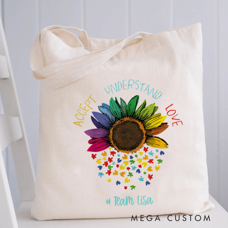 Personalized Sunflower Illustration Featuring Autism Awareness Message and Puzzle Accents for Advocacy Tote Bag