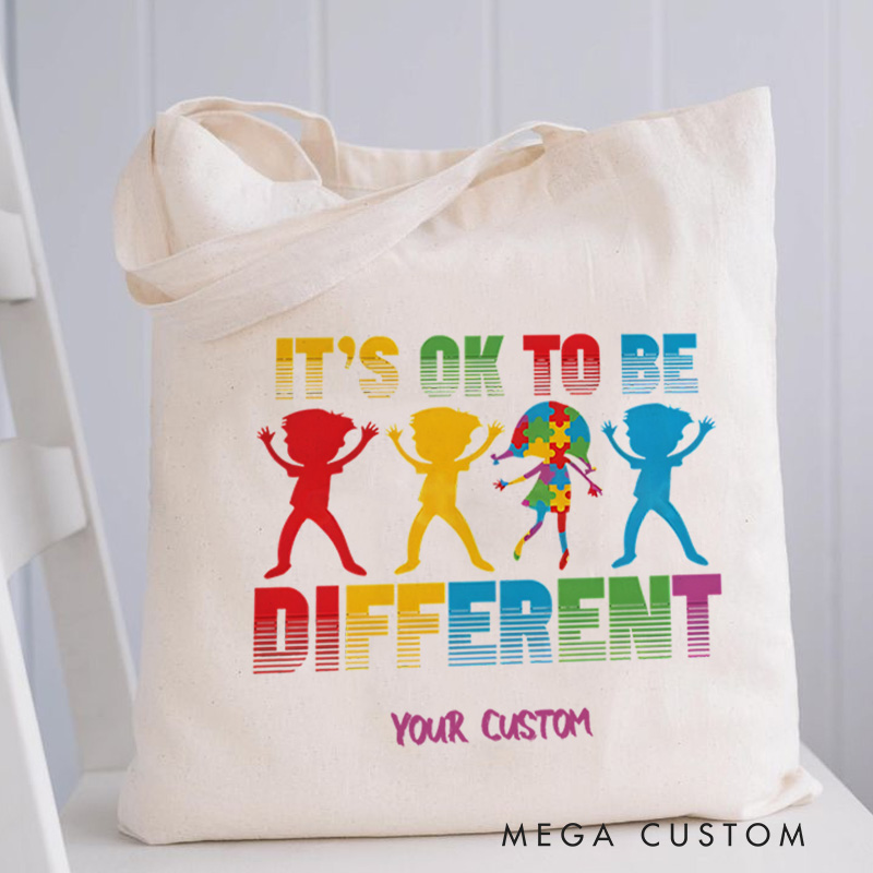 Personalized Autism Awareness Illustration Featuring Inclusion and It’s Okay to Be Different Message for Advocacy Tote Bag