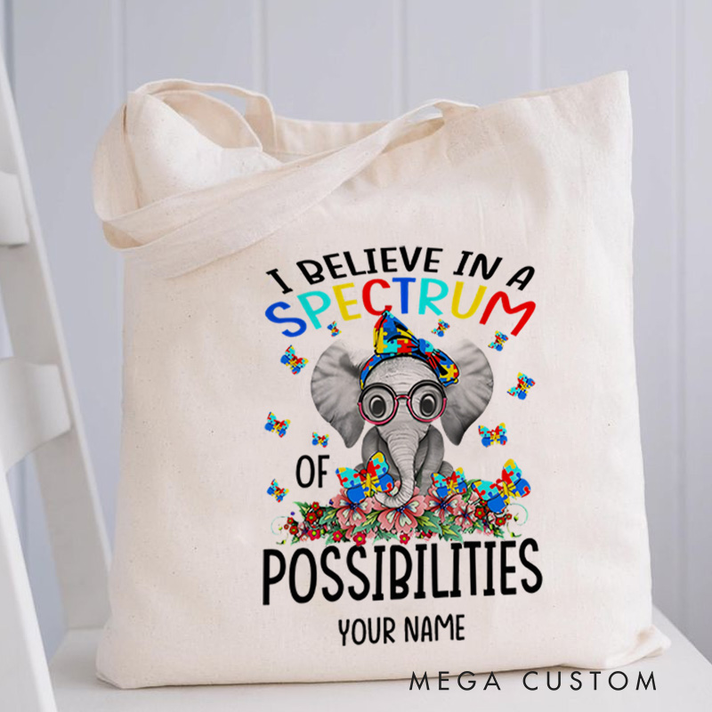 Personalized Autism Awareness Illustration Featuring Elephant and Spectrum of Possibilities Message for Advocacy Tote Bag