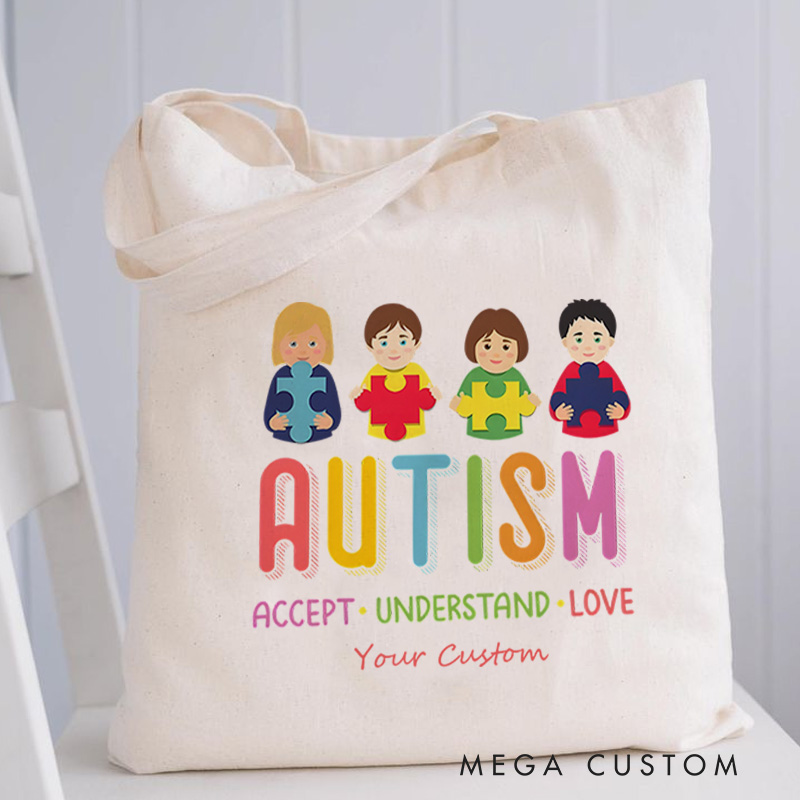 Personalized Autism Awareness Illustration Featuring Diverse Children and Acceptance Message for Advocacy Tote Bag