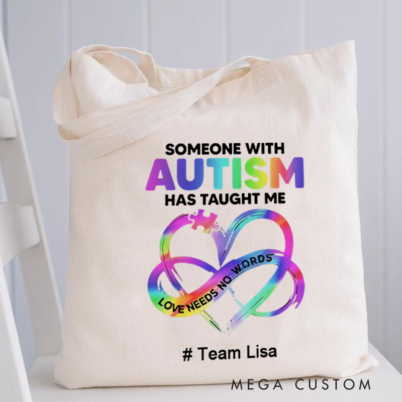 Personalized Autism Awareness Illustration Featuring Infinity Symbol and Love Needs No Words Message for Advocacy Tote Bag