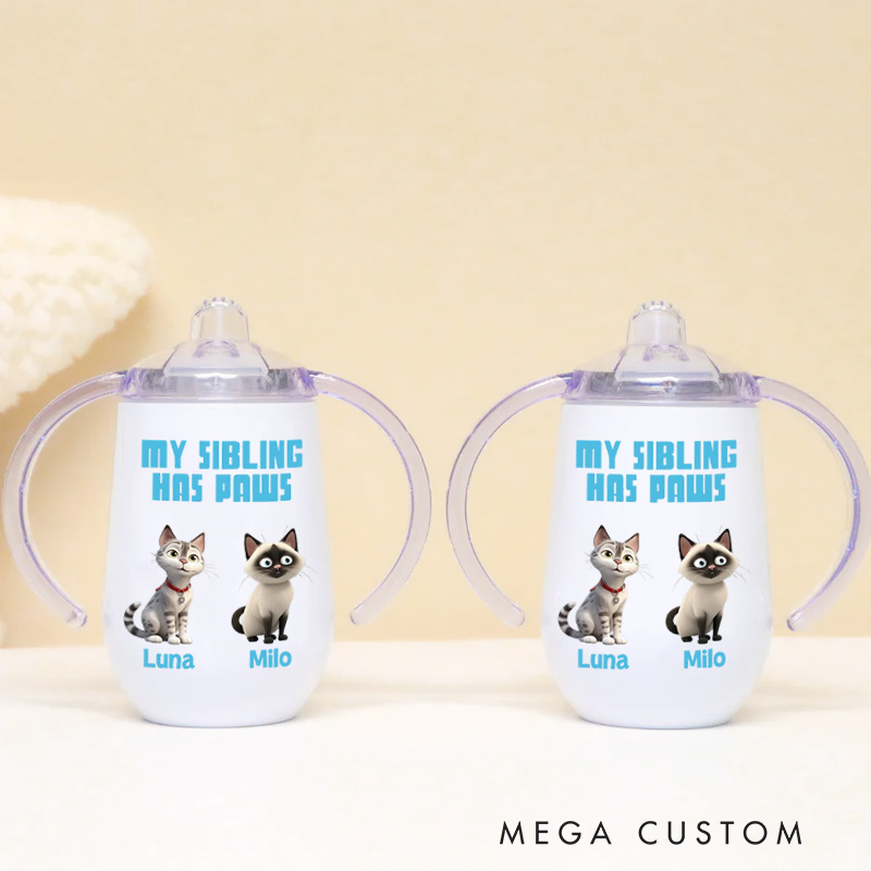 Personalized Pet Sibling Delight with Adorable Cat Illustrations and Playful Text for Baby Sippy Cup