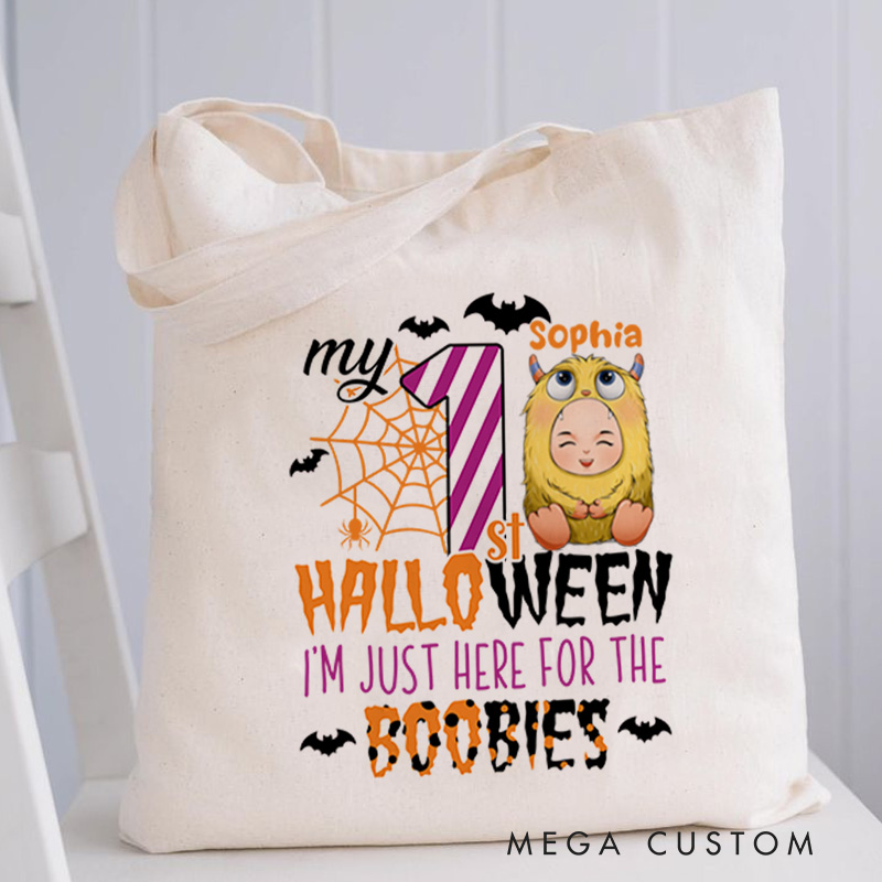 Personalized Kids Halloween Tote with Name Girl Boy Goodie Trick Or Treat Tote Bag for Kids Gift for Halloween