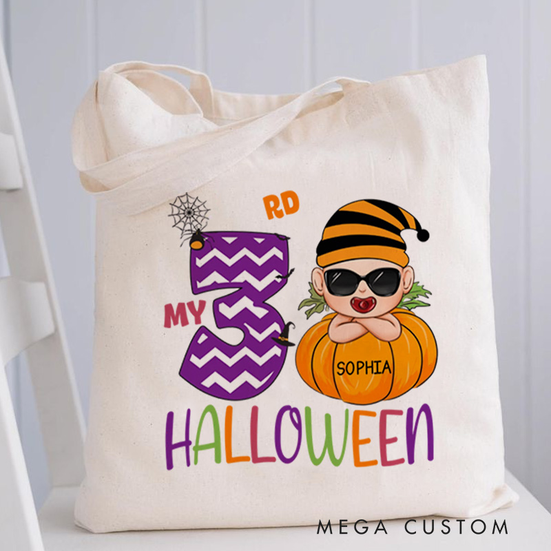 Personalized Kids Halloween Tote with Name Girl Boy Goodie Trick Or Treat Tote Bag for Kids Gifts for Halloween