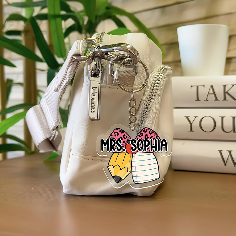 Personalized Teacher Acrylic Keychain with Pencil Bow Design Teacher Appreciation Gift Favorite Educator Backpack Tag Gift