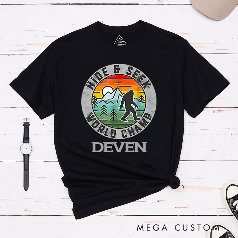 Personalized Hide & Seek World Champ T-Shirt Bigfoot Retro Shirt Gift for Hiking Outdoors Lover