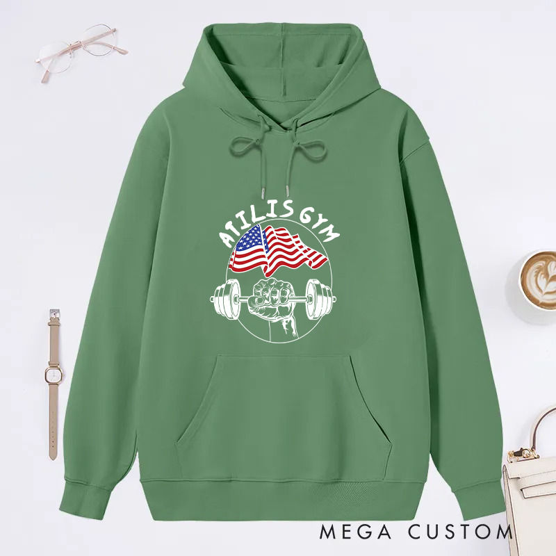 Personalized Fitness Classic Hoodies with American Flag and Barbell for Fitness Enthusiasts Bodybuilders and Gym Lovers
