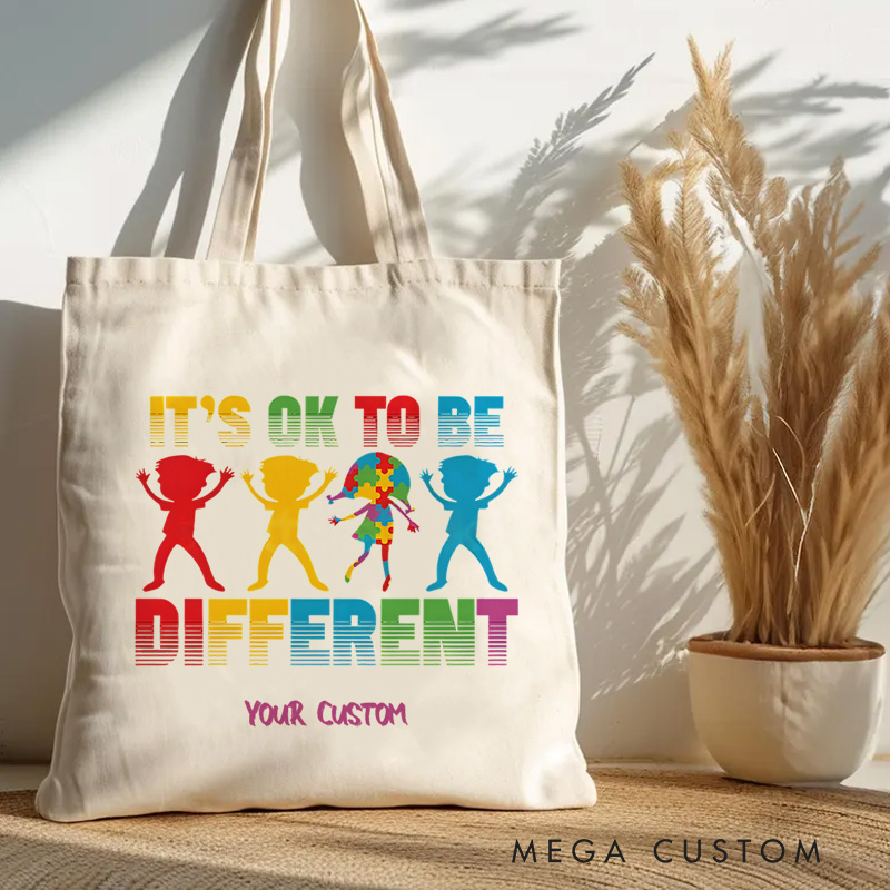 Personalized Autism Awareness Illustration Featuring Inclusion and It’s Okay to Be Different Message for Advocacy Tote Bag