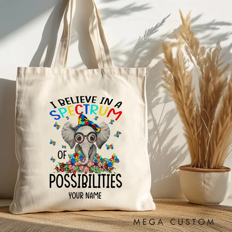 Personalized Autism Awareness Illustration Featuring Elephant and Spectrum of Possibilities Message for Advocacy Tote Bag