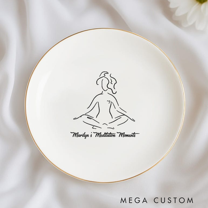 Personalized Ring Dishes with Elegant Meditation Design and Gold Trim Perfect for Yoga Lovers, Home Décor, Jewelry Storage, or Unique Gift