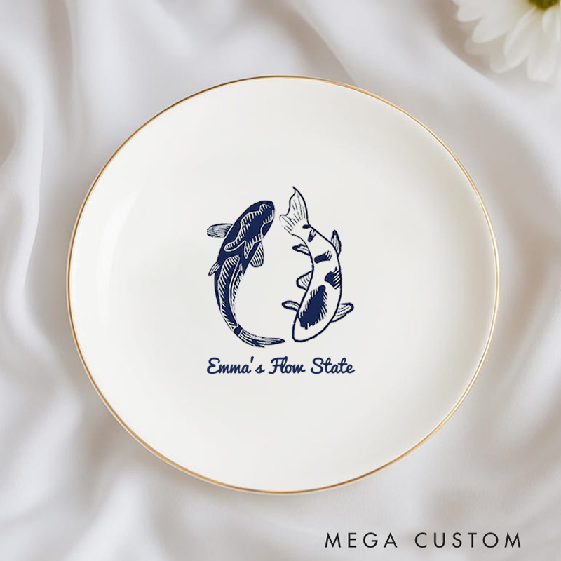 Personalized Ring Dishes with Elegant Koi Fish Design and Gold Trim Perfect for Yoga Lovers, Home Décor, Jewelry Storage, or Unique Gift