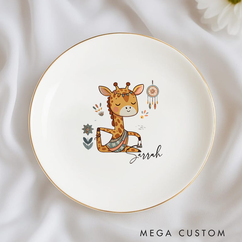 Personalized Ring Dishes with Cute Boho Giraffe Design and Gold Trim Perfect for Yoga Lovers, Home Décor, Jewelry Storage, or Unique Gift