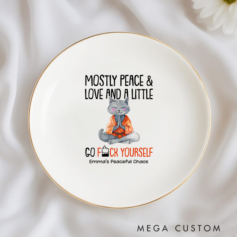 Personalized Ring Dishes with Funny Yoga Cat Design and Gold Trim Perfect for Yoga Lovers, Home Décor, Jewelry Storage, or Unique Gift