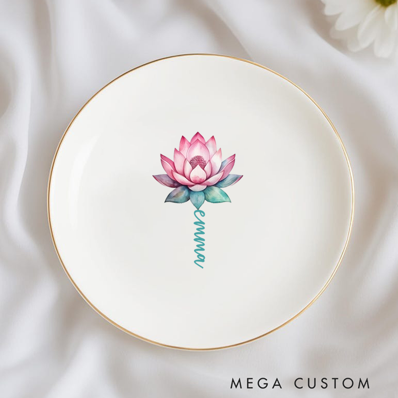 Personalized Ring Dishes with Elegant Lotus Flower Design and Gold Trim Perfect for Yoga Lovers, Home Décor, Jewelry Storage, or Unique Gift